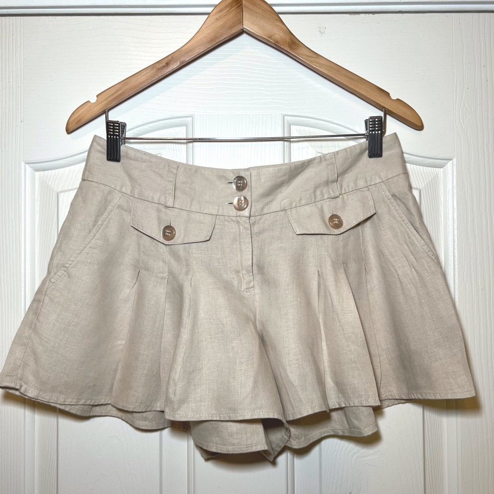 London Jean Vintage Y2K 100% Linen Pleated Flared Shorts Beige Tan Size 4